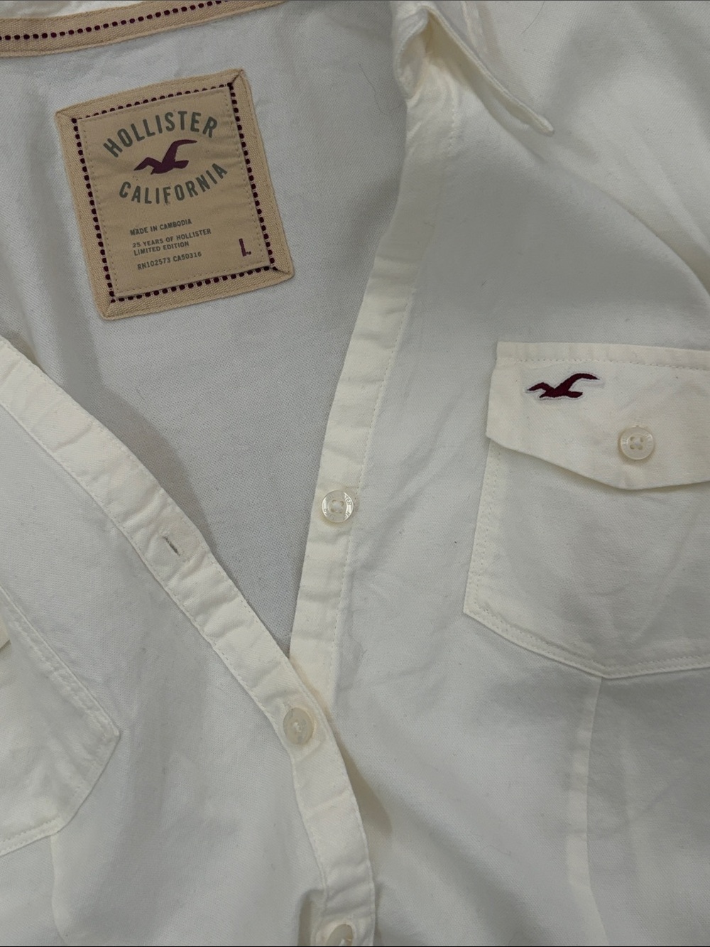 Limited Edition Hollister Women’s Off-White Button-Down Shirt with Embroidered L
